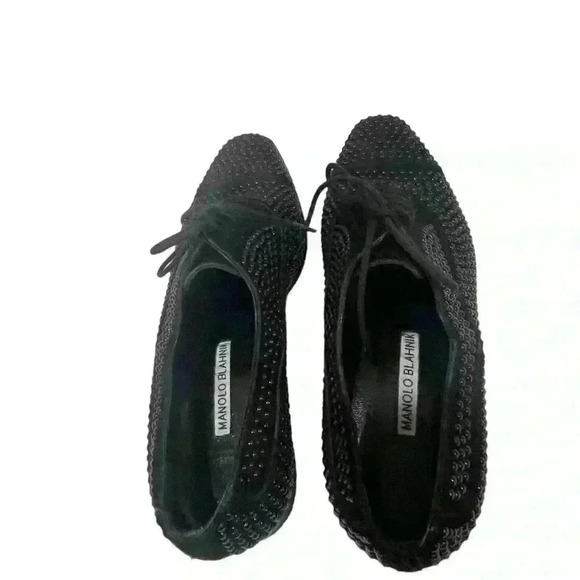 Manolo Blahnik Women’s Oxford Perlita Black Suede Studded Lace Up Sz 37.5/ 7.5 - Picture 12 of 14